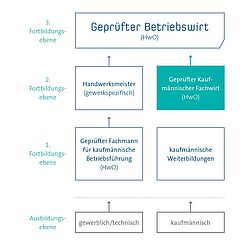 Grafik zur Aufstiegsfortbildung \"Geprüften Betriebswirt (HwO)\" über die Einstiegsmöglichkeiten (gewerblich/technisch oder kaufmännisch) und den 3 Fortbildungsebenen (1. Fortbildungsebene: Geprüfter Fachmann für kaufmännische Betriebsführung oder kaufmännische Weiterbildung / 2. Fortbildungsebene: Handwerksmeister oder Geprüfter Kaufmännischer Fachwirt / 3. Fortbildungsebene: Geprüfter Betriebswirt HwO)