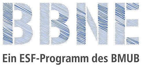 Logo Berufliche Bildung für Nachhaltige Entwicklung (BBNE), bestehend aus einem Schriftzug. Beginnend mit dünn schraffierten Großbuchstaben BBNE, danach in schwarz: Ein ESF-Programm des BMUB.